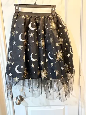 Celestial Moon Stars Tulle Skirt Black Gold Silver Sheer Mesh S/M Whimsigoth thumbnail 2