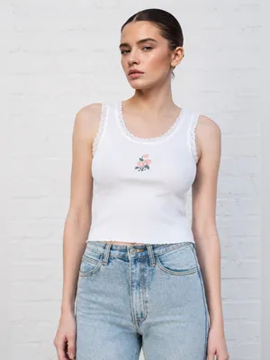 RARE Brandy Melville J. Galt Ronnie Lace floral Embroidered CropTank Top White thumbnail 2