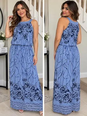 Robbie Bee Periwinkle Blue Floral Halter Maxi Dress thumbnail 2