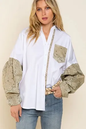 POL Bandana button down shirt top patchwork puff long sleeves western rodeo top thumbnail 1