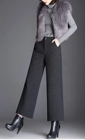 Tanming Women's Casual High Waist Trousers Wool Blend Cropped Wide Leg Pants thumbnail 4