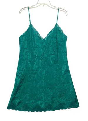Victorias Secret size medium green paisley Lace Trim Teal Camisole Slip vintage thumbnail 1