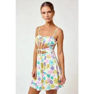 NEW NWT Blue Blush‎ Floral Print Mini Dress SZ Small Smocked Back Flirty Cutaway thumbnail 3