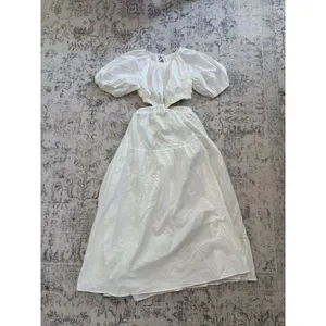 EXLBES Puff Sleeve Cut Out Back Maxi Dress White Size Small Coastal 100% Cotton thumbnail 4