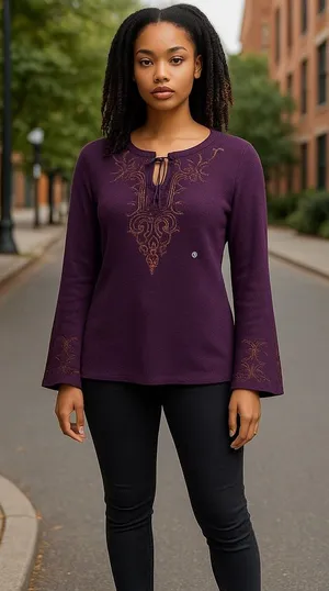 Worthington Mulberry Stretch Ribbed Knit Embroidered‎ Flare Sleeve Keyhole Top thumbnail 1