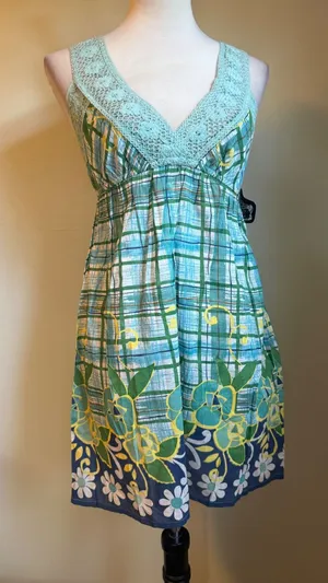 Angie Green Floral Crochet cottage boho y2k whimsi Cotton Dress Small‎ NWT blue thumbnail 1
