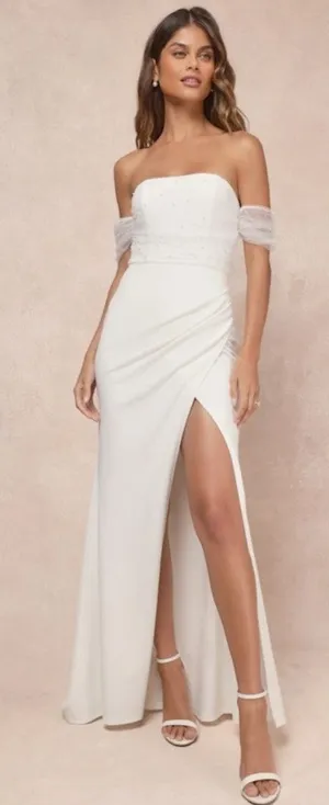 Lulus Profound Glamour Ivory Pearl Off-the-Shoulder Tulip Maxi Dress Bridal Sz M thumbnail 1