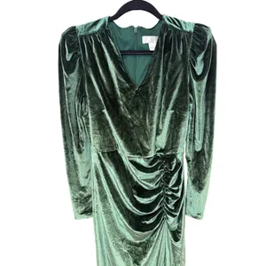 Rachel Parcell Velvet Midi Dress Emerald Green V-Neck Ruched Size Small thumbnail 3
