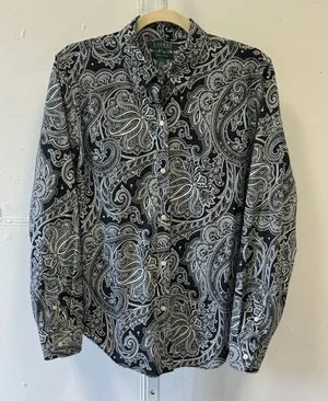 Lauren Ralph Lauren Black White Paisley Non-Iron Cotton Button Down Shirt Large thumbnail 1