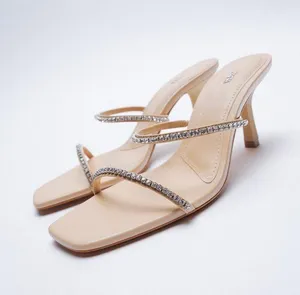 ZARA Nude Rhinestone Open Toe Mule Heels thumbnail 2