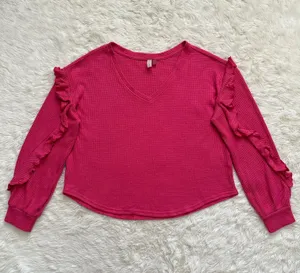 Anthropologie Pilcro Top Ruffled V-Neck Shirt Waffle Knit Raspberry Pink L thumbnail 3