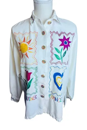 Vintage 90s Express Antibes France Colorful Embroidered Shirt White Flaws thumbnail 1