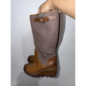 Women's 9.5 Sorel Cool Canvas Boots Brown Leather Knee High Wedge Side Zip Tall‎ thumbnail 2