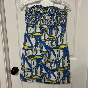 Lilly Pulitzer Blue White Sailboat‎ Strapless Dress thumbnail 3