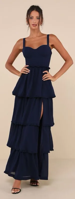 LULU’S Sophisticated Occasion Navy Blue Bustier Lace-Up Maxi Dress thumbnail 1