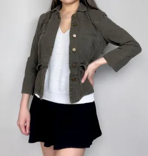 Dark Olive Green Three-Quarter-Sleeve Button-Up Fitted Field Jacket thumbnail 2