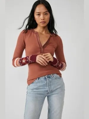 NWT Free People We The Free Mikah Layering Cuff Thermal Top Autumn Combo Small thumbnail 5