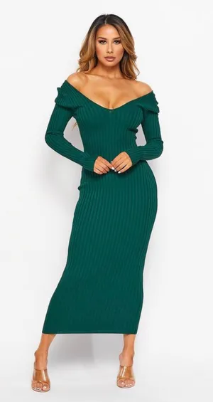 Hunter Green Deep V Neck Ribbed Dress thumbnail 1