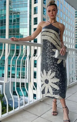 Farm Rio Anthropologie Medium Halter Sequin Midi Dress Black Tropical Resort thumbnail 1