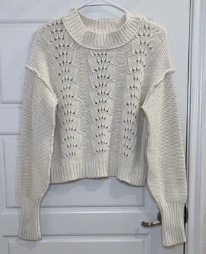 Free People Cream Knit Sweater Cropped Chunky Cotton Blend Boho Cozy Small thumbnail 1
