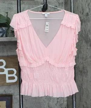 NWT Bar III Womens Mesh Flutter-Sleeve Top Cupid Blush XL thumbnail 1