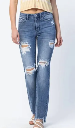 Judy Blue Medium Wash Mid Rise Destroyed Raw Hem Straight Leg Jeans Size 5/27 thumbnail 1
