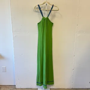 Mick & Mo Lime Green Halter Maxi‎ Dress Blue Trim Rayon Size L Boho Summer thumbnail 2