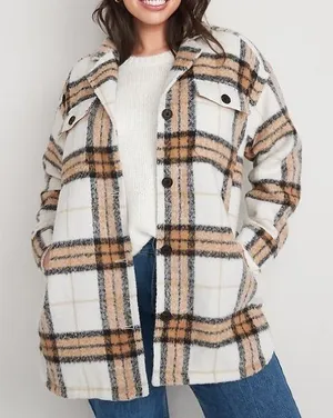 Old Navy Plaid Sherpa Jacket Petite Small Button Front Coat Tan Cream Black Warm thumbnail 1