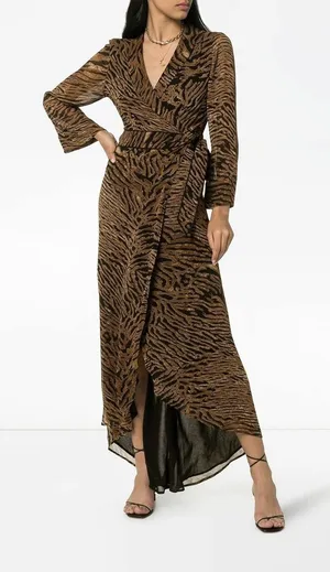 Ganni Wrap Dress Brown Tiger Print Long Sleeve High Low Maxi 38 thumbnail 1