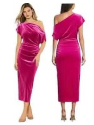 Gibson Latimer Pink Velvet Off Shoulder Midi Dress Size Medium thumbnail 2
