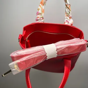 Red Pebbled Leather Tote Bag with Floral Scarf‎ Top Handle Detachable Strap thumbnail 5