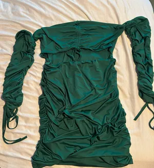 Green ruched off the shoulder dress thumbnail 1