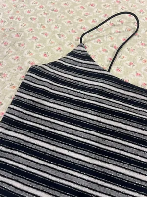 Striped Black and White Ribbed Crop Tank Top thumbnail 3