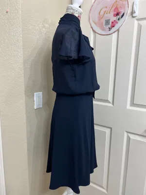 NWT Adrianna Papell Navy Blue Chiffon And Crepe Mock Neck Bow Dress Size 6 thumbnail 3