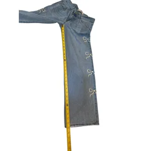 Wide Leg Bow Embroidered Jeans‎ Blue White Trendy Coquette Baggy Preppy Size 27 thumbnail 7