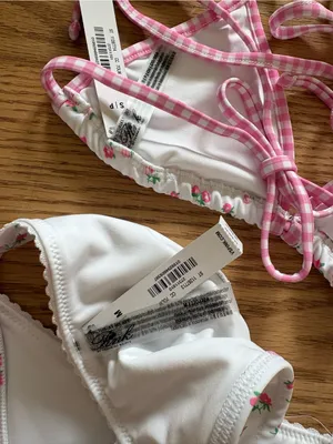 Frankie's Bikinis White Swim Top & Bottom with Pink Gingham Trim thumbnail 2