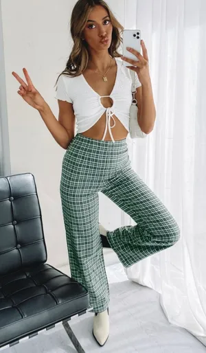 Beginning Boutique Kimbo Checked Pants Green thumbnail 1