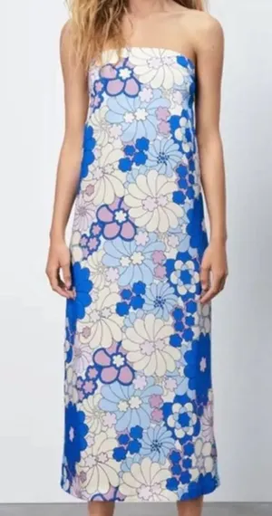 ZARA Strapless Floral Dress Midi thumbnail 1