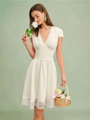 Rihoas Apricot V Neck Lace Splicing Mini Dress thumbnail 5