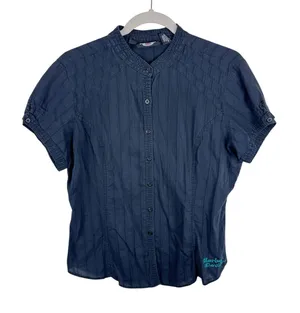 Harley Davidson 100% Cotton Black Blue Embroidered Short‎ Sleeve Button Up Top L thumbnail 1
