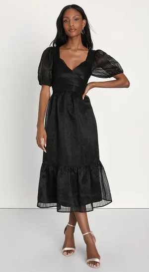 Lulus Celebratory Moment Black Surplice Puff Sleeve Midi Dress thumbnail 1