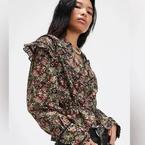 NWT Free People Daybreak Floral Print‎ Long Sleeve Shirt Ruffle Details Large thumbnail 3
