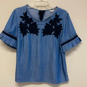 Crown & Ivy denim top with velvet floral appliqué accents & tie size M thumbnail 1