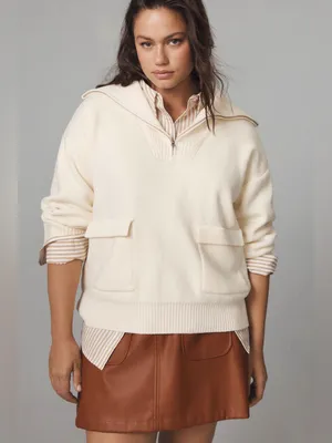 Anthropologie by English Factory Quarter zip Knit Sweater pocket front Size S thumbnail 2