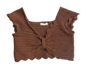 Active USA Cropped Knit Front Tie Knot Top Scallop Trim SZ L Boho Y2K Coachella thumbnail 1