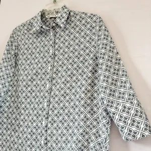 Zara Linen Floral‎ Print Button-up Shirt Tunic, 3/4 Sleeve, White/Blue XSmall thumbnail 3