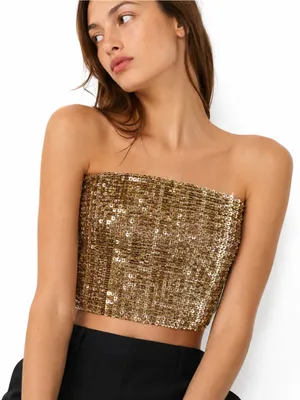 Gold Sequin Paillette Tube Top One Size S M Stretch Strapless Crop Party Y2K thumbnail 6