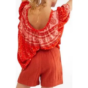 FREE PEOPLE Fruit Punch Combo Orange Paisley Boho Puff Sleeve Oversized Top S thumbnail 2