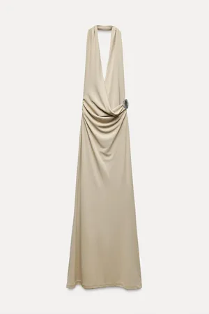 Zara dress maxi bodycon fitted halter plunge neck open back evening wedding thumbnail 18