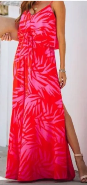 Vici Pink Red Tropical Print Maxi Dress Small Sleeveless Beach Vacation thumbnail 1